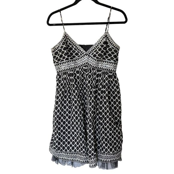 BCBGMaxazria Black White Geo Print Babydoll Sequin Silk Blend Tulle Hemline Y2K - Picture 1 of 11